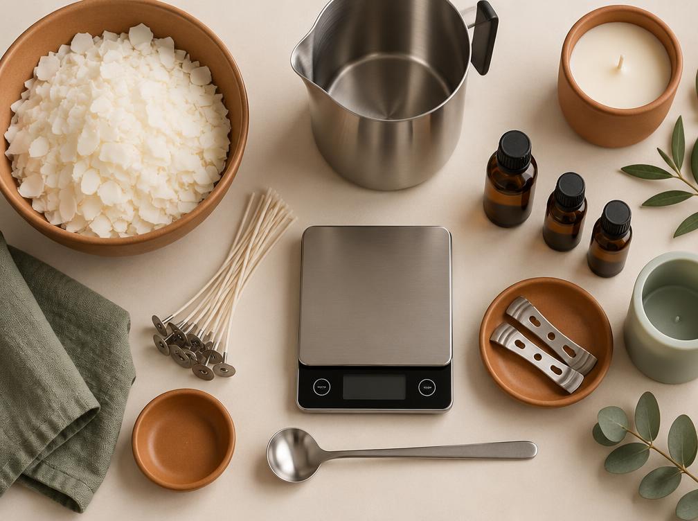 Materiais de trabalho: flocos de cera, jarro de fusão, balança, pavios e frascos de fragrância